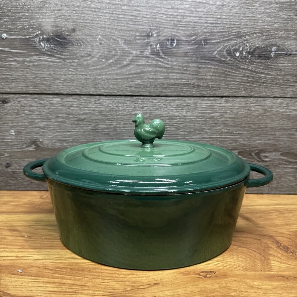 Staub Basix Green Enamel Oval Cast Iron Pot w Lid # 27 France, Rooster 4qt